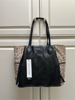 Aimee Kestenberg Black Leather Tote with Leopard-Print Panels